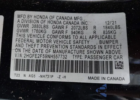 2022 Honda Civic Sport from USA, damaged, VIN 2HGFE2F59NH557732